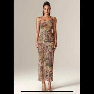 Aliava Evita Ruched Mesh Corset Maxi Dress in Garden Muse XS NWT